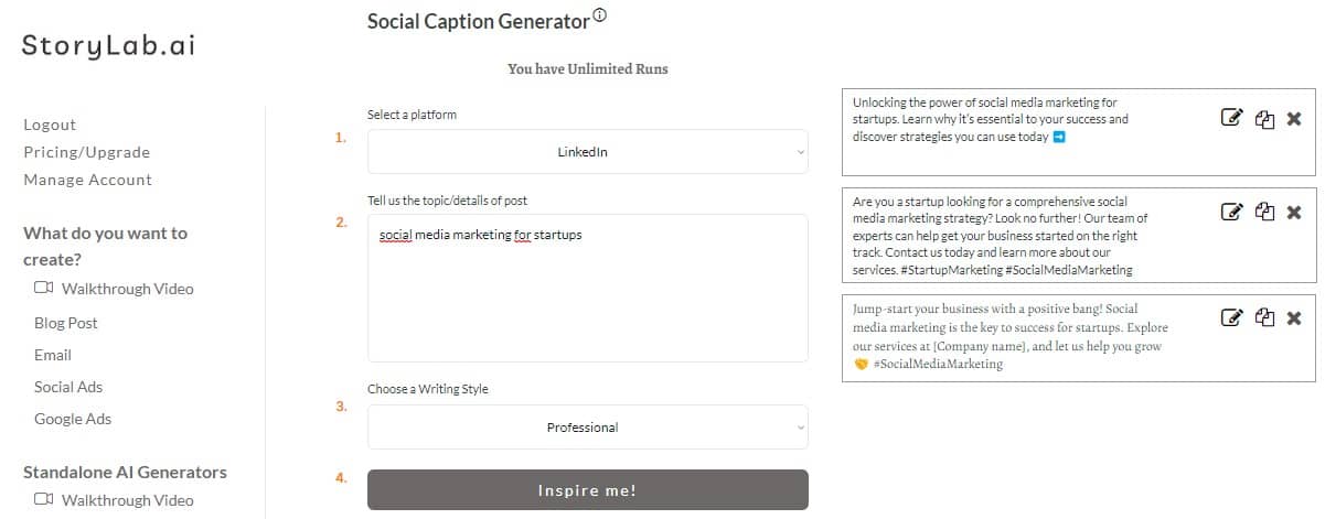 AI Social Media Caption Creator example for Startups